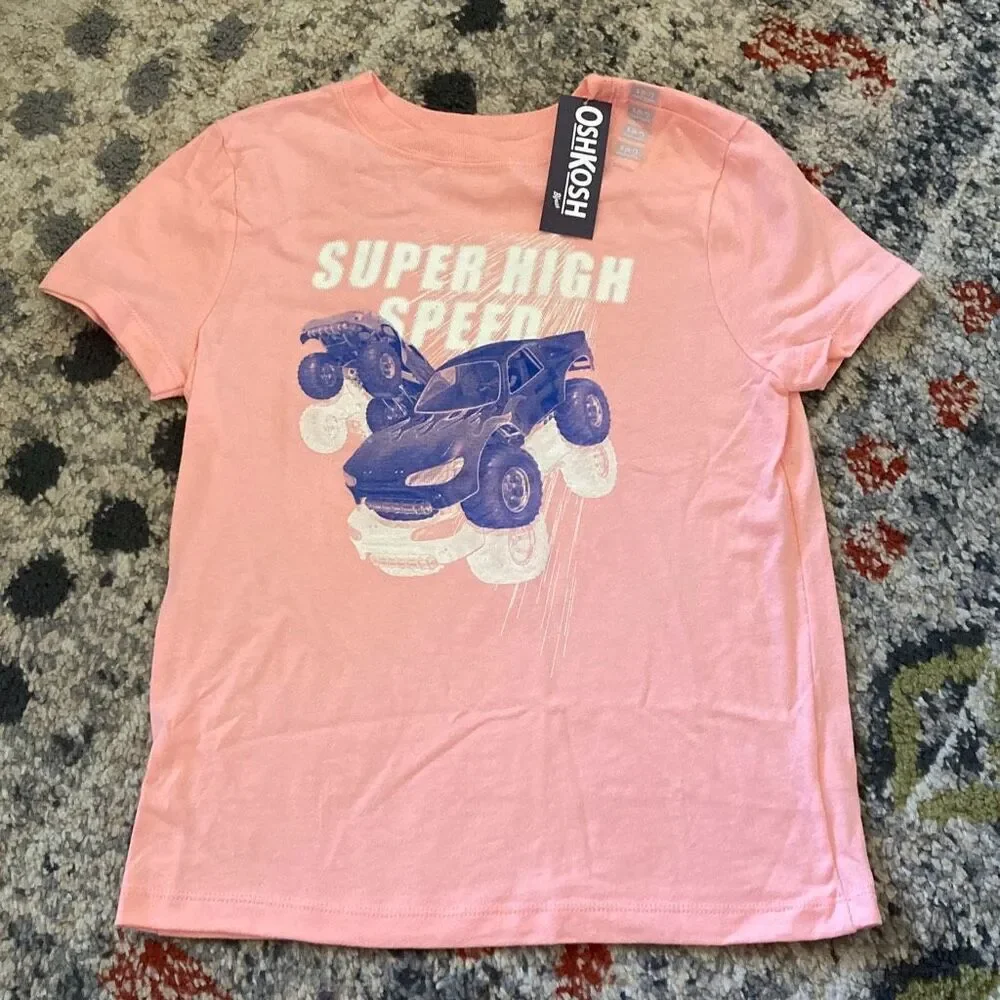 OshKosh Kids Graphic T-Shirt Size S Pink “Super High Speed” Monster Truck NWT